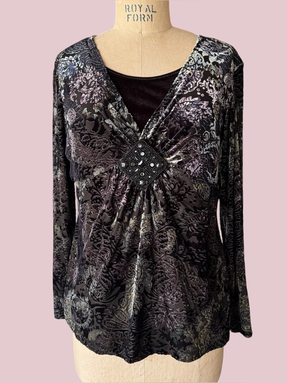 Vintage Y2K Notations Whimsygoth Burnout Velvet Beaded Long Sleeve Top
